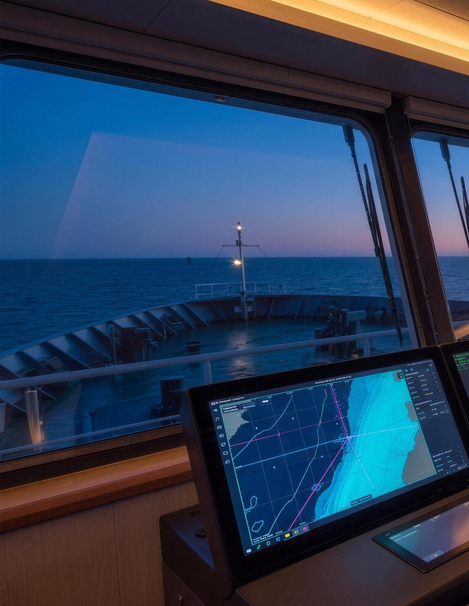 Navigator on ship bridge at night