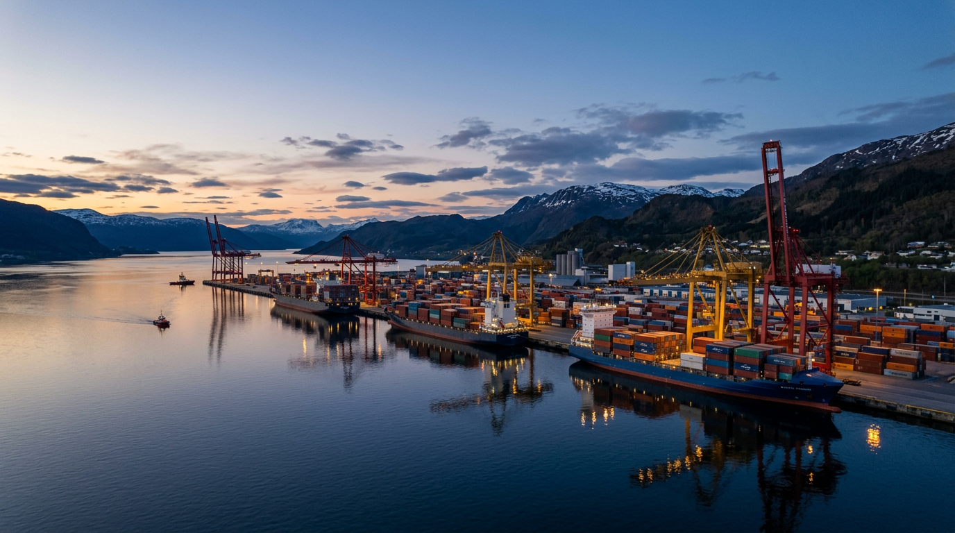 Vessel approaching a Norwegian fjord port at dusk